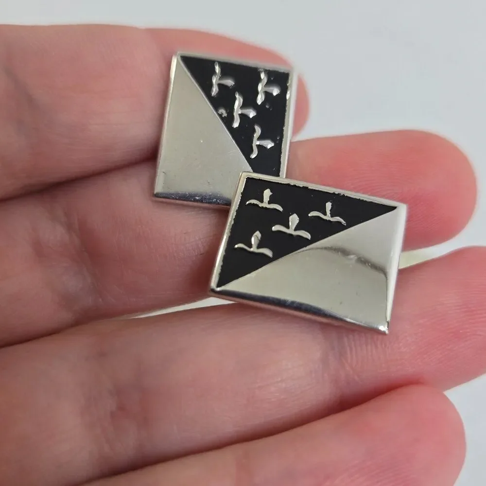 Swank Cufflinks Silver Tone Black Rectangle Diagonal Modern Stylized